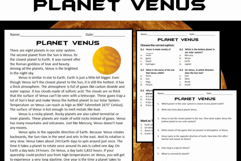 Venus Reading Comprehension Worksheet
