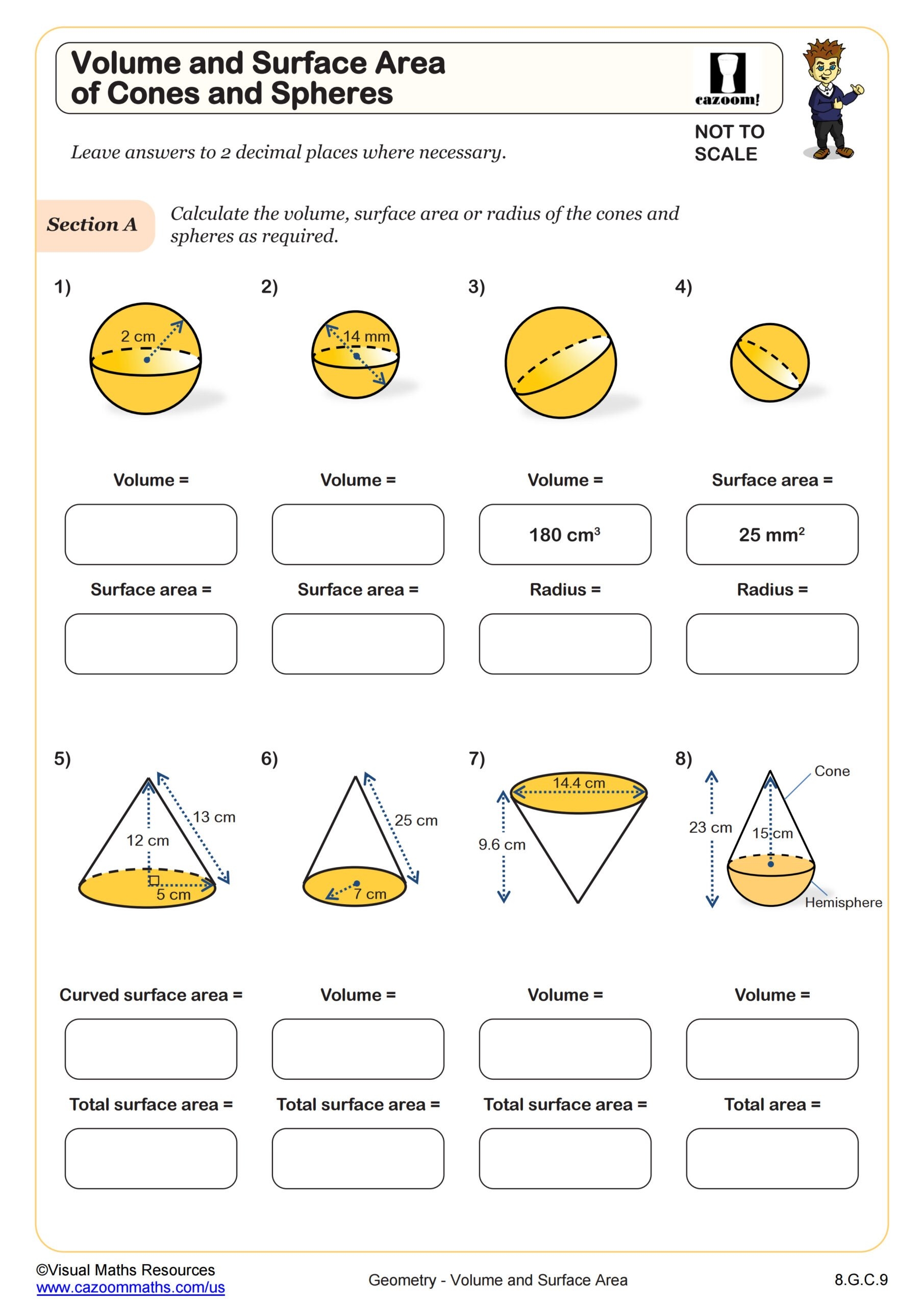 Volume And Surface Area Of Cones And Spheres Worksheet PDF Printable Geometry Worksheet