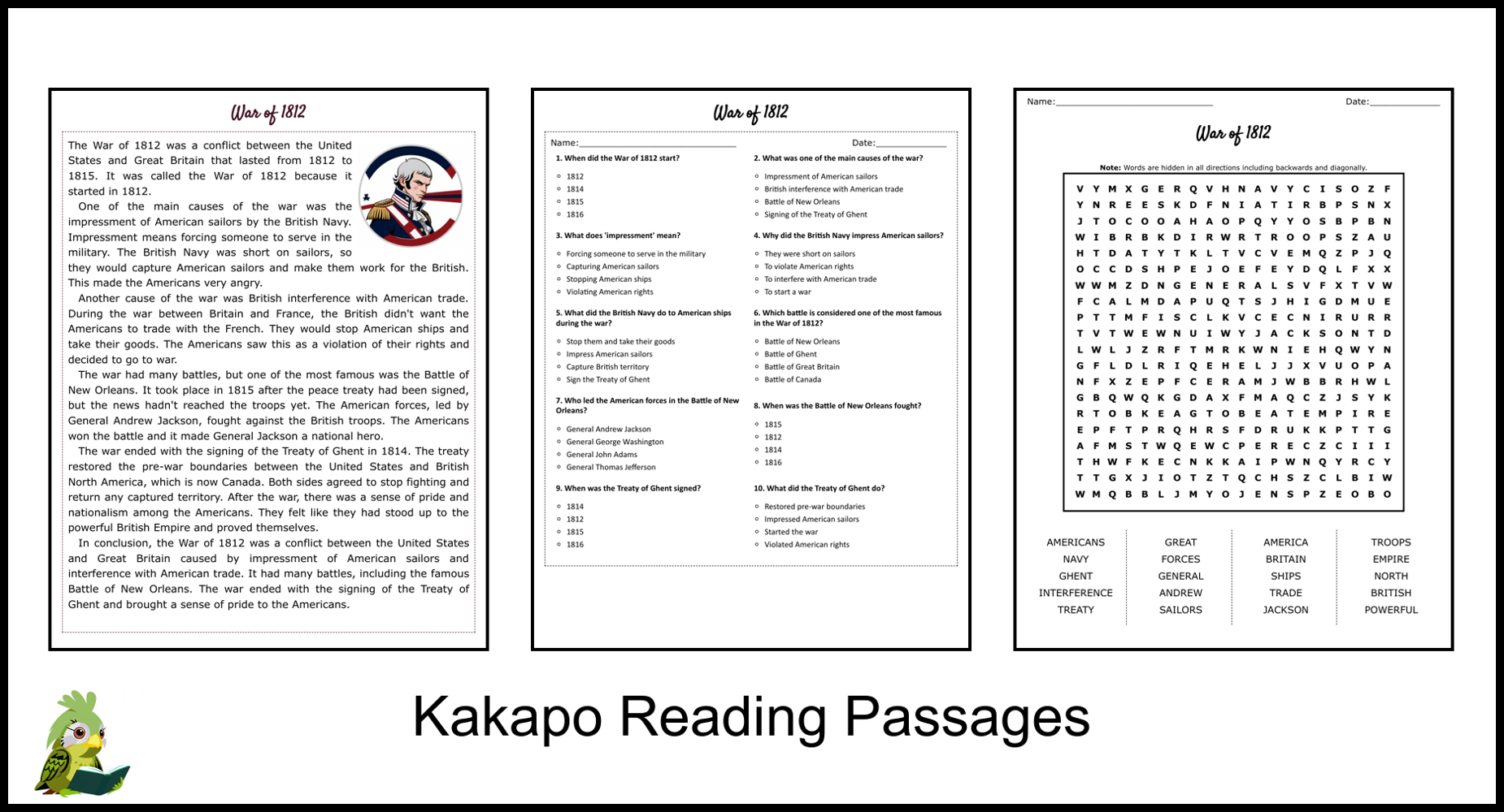 War Of 1812 Reading Comprehension And Word Search Teaching Resources