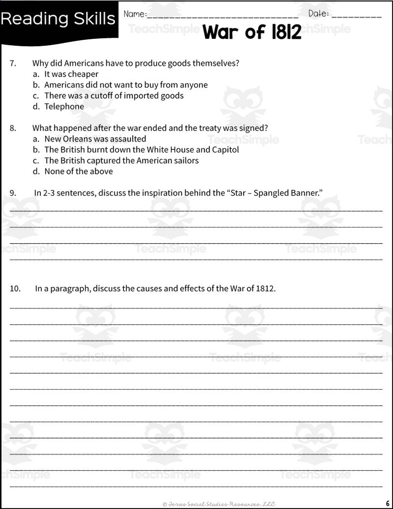 War Of 1812 Reading Packet 5th Grade TEKS