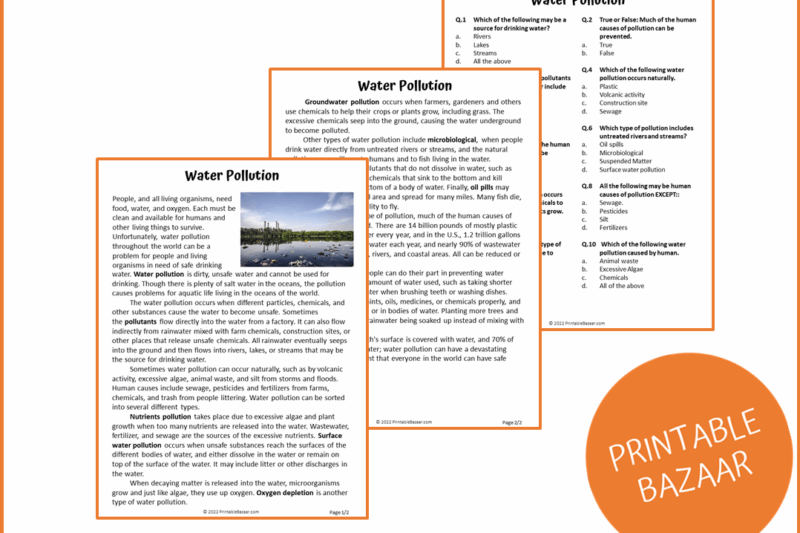 Water Pollution Reading Comprehension Worksheet