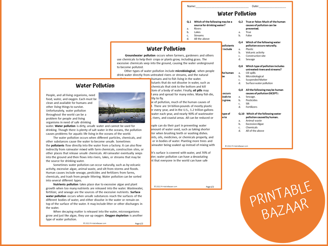 Water Pollution Reading Comprehension Passage And Questions PDF