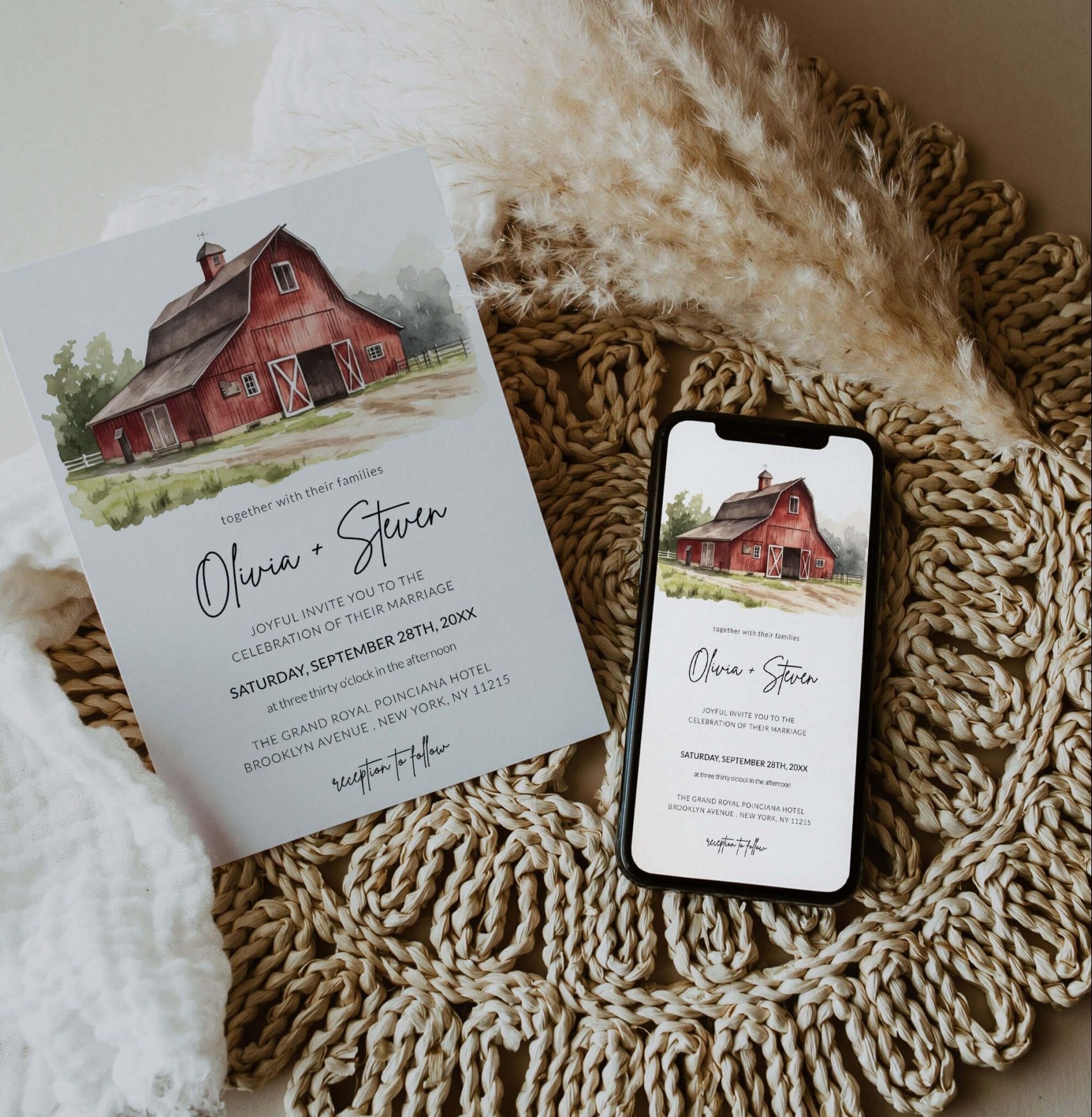 Watercolor Rustic Red Farm Barn Wedding Invitation Template Do It Yourself Printables