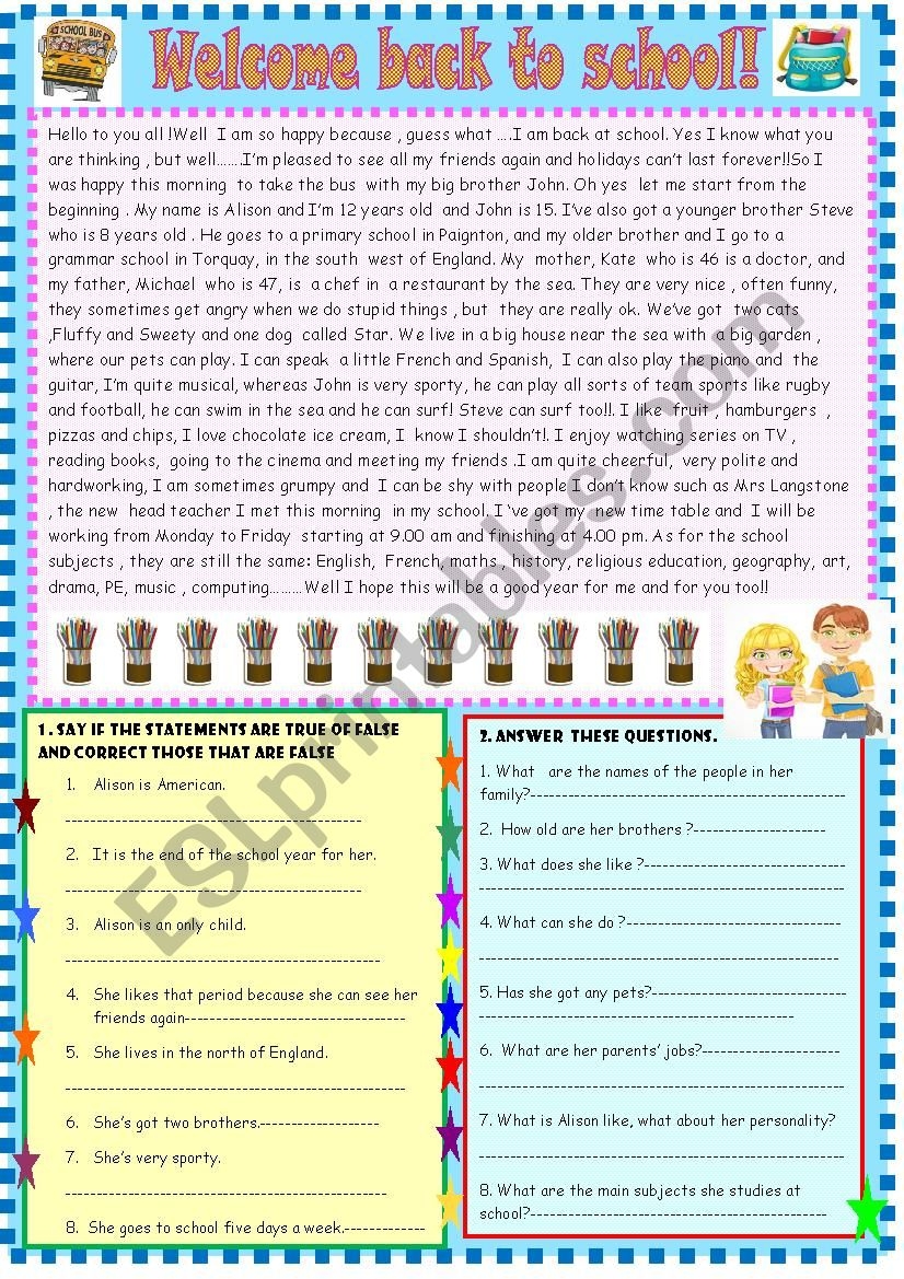 Welcome Back To School Reading Comprehension ESL Worksheet By 