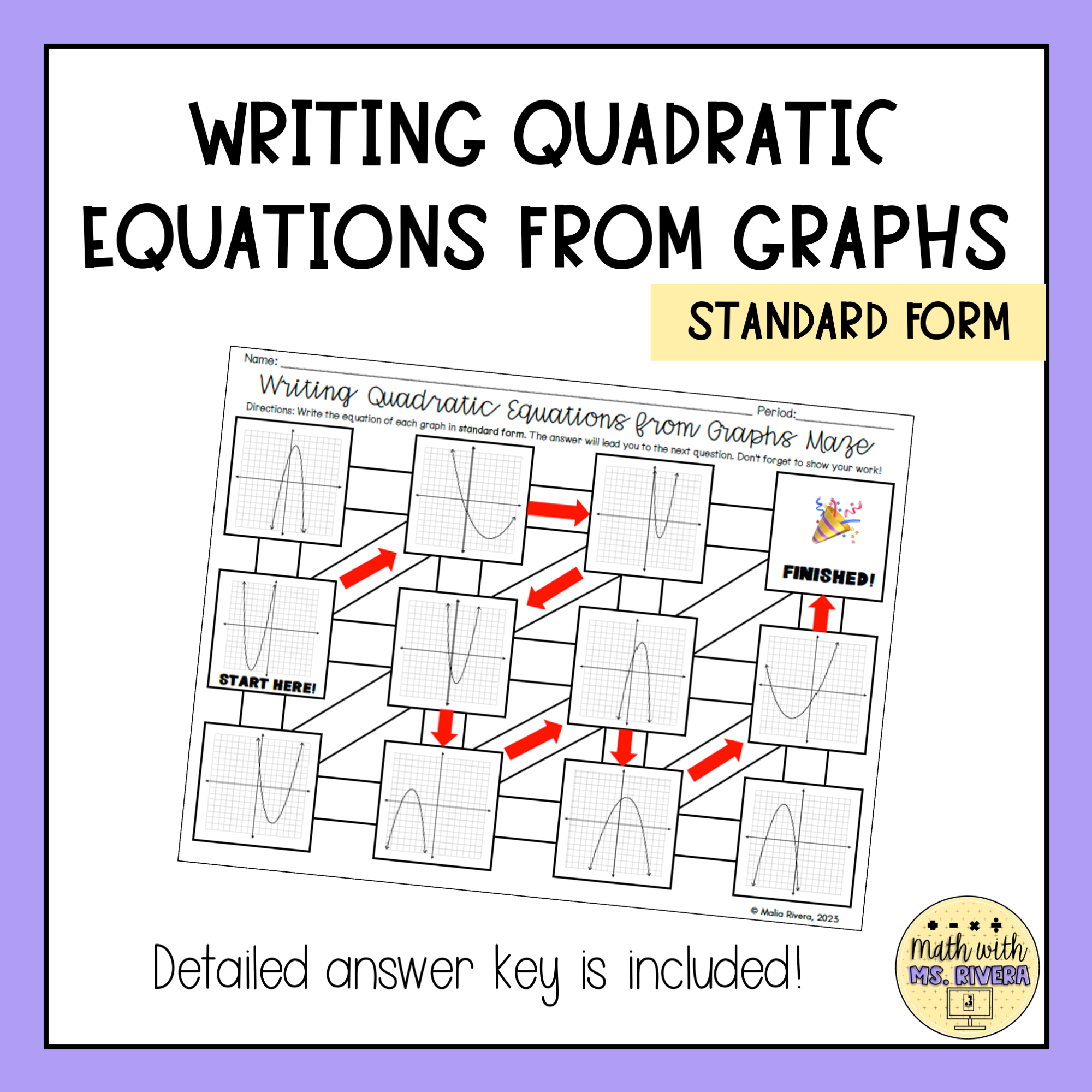 Writing Quadratic Equations From Graphs In Standard Form Maze Worksheet Made By Teachers